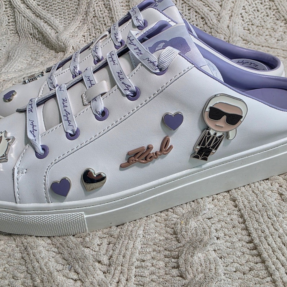 Karl Lagerfeld Paris Cambria Mule Sneakers Cat Charms White Purple Women 9 NEW - Picture 2 of 7